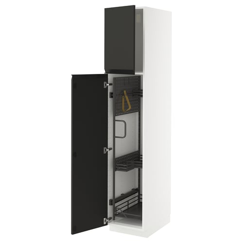 A white METOD kitchen cabinet with black upplöv doors open, revealing storage and organisers.