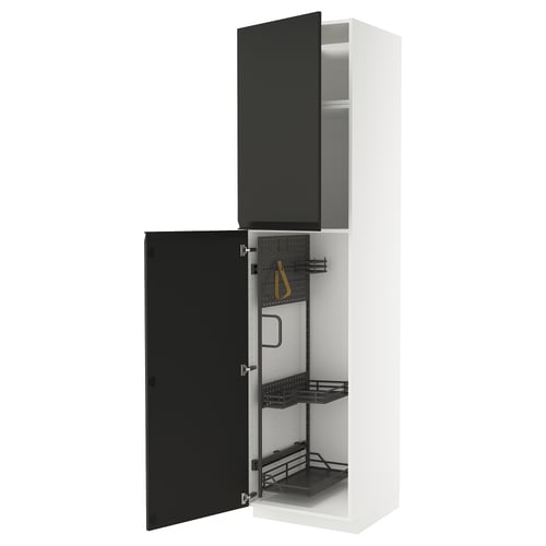 Modern white METOD cabinet with matte black doors, open showing organiser.