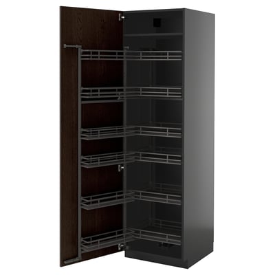 METOD High cabinet with pull-out larder, black-grey/Sinarp brown, 60x60x200 cm