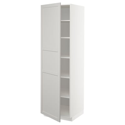 White METOD cabinet with bevelled doors, tall and slim, minimalist design, adjustable shelves.
