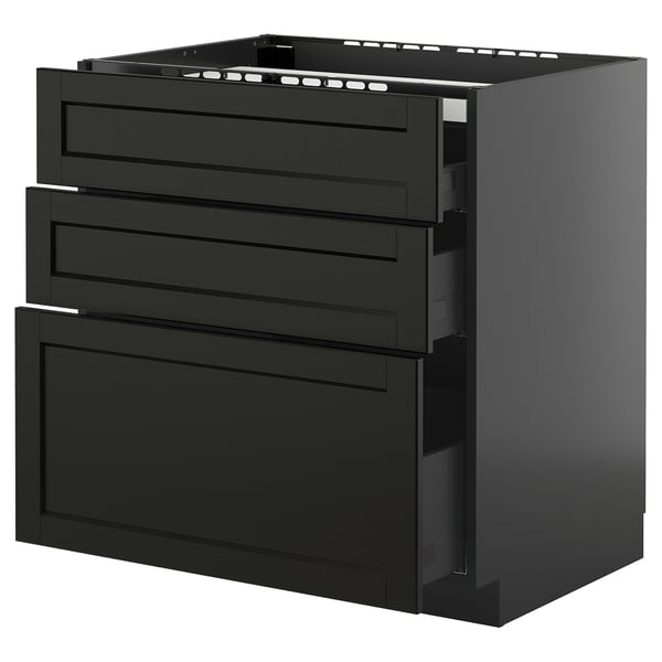 METOD / KNIVSHULT Base cab f hob/3 fronts/3 drawers, black-grey/Lerhyttan black stained, 80x60 cm