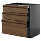 METOD / KNIVSHULT Base cab f hob/3 fronts/3 drawers, black-grey/Stensta dark brown ash veneer, 80x60 cm