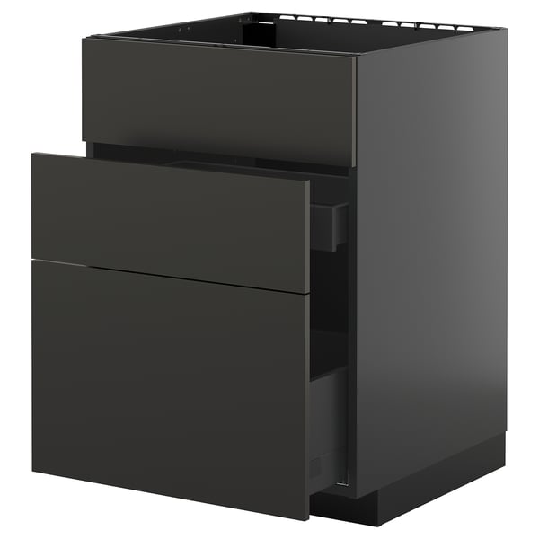 METOD / KNIVSHULT Base cab f sink+3 fronts/2 drawers, black-grey/Nickebo matt anthracite, 60x60 cm