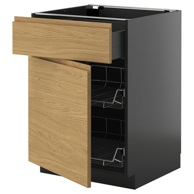METOD / KNIVSHULT Base cab w wire basket/drawer/door, black-grey/Voxtorp oak effect, 60x60 cm