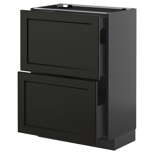 METOD / KNIVSHULT Base cab with 2 fronts/3 drawers, black-grey/Lerhyttan black stained, 60x37 cm