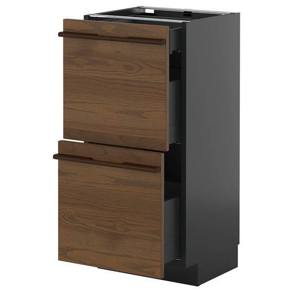 METOD / KNIVSHULT Base cab with 2 fronts/3 drawers, black-grey/Stensta dark brown ash veneer, 40x37 cm