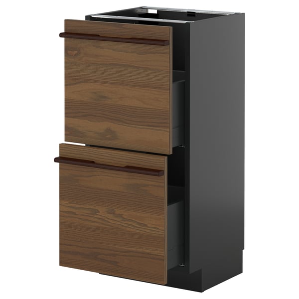 METOD / KNIVSHULT Base cabinet with 2 drawers, black-grey/Stensta dark brown ash veneer, 40x37 cm
