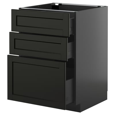 Black stained wooden kitchen cabinet with three drawers.