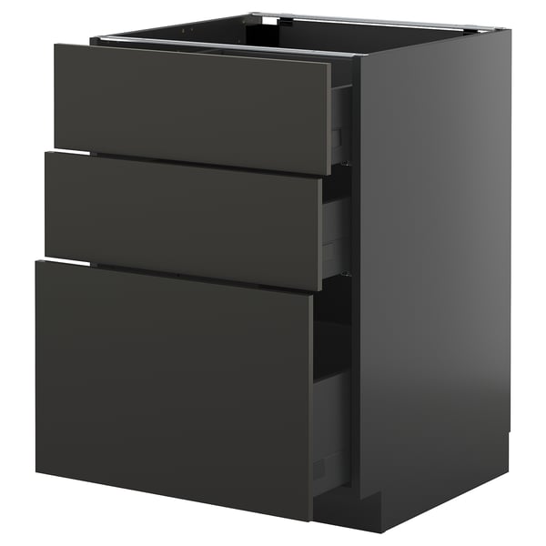 METOD / KNIVSHULT Base cabinet with 3 drawers, black-grey/Nickebo matt anthracite, 60x60 cm