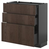 METOD / KNIVSHULT Base cabinet with 3 drawers, black-grey/Sinarp brown, 80x37 cm
