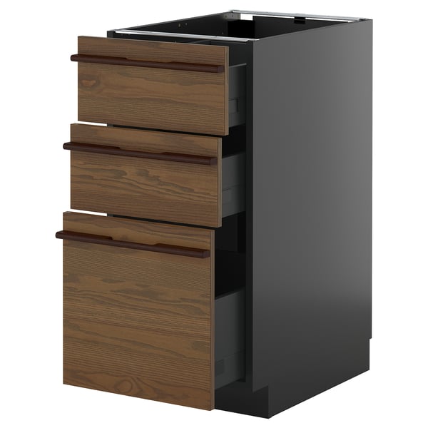 METOD / KNIVSHULT Base cabinet with 3 drawers, black-grey/Stensta dark brown ash veneer, 40x60 cm