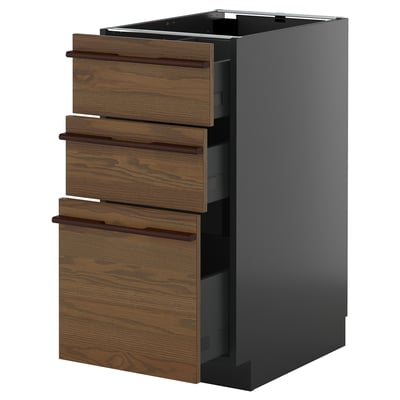 METOD / KNIVSHULT Base cabinet with 3 drawers, black-grey/Stensta dark brown ash veneer, 40x60 cm