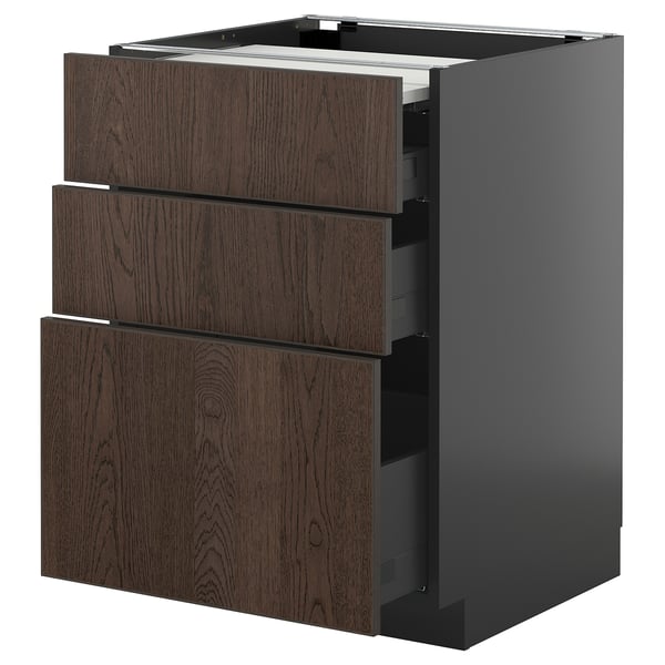 METOD / KNIVSHULT Bc w pull-out work surface/3drw, black-grey/Sinarp brown, 60x60 cm