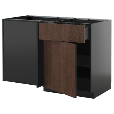 METOD / KNIVSHULT Corner base cab w drawer and shelf, black-grey/Sinarp brown, 128x68 cm
