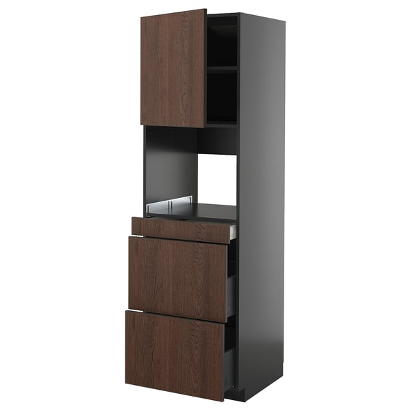METOD / KNIVSHULT Hi cab f micro combi w door/3 drwrs, black-grey/Sinarp brown, 60x60x200 cm