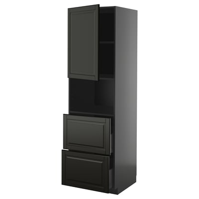 METOD / KNIVSHULT Hi cab f micro w door/2 drawers, black-grey/Bodbyn black, 60x60x200 cm