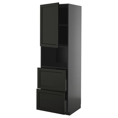 METOD / KNIVSHULT Hi cab f micro w door/2 drawers, black-grey/Lerhyttan black stained, 60x60x200 cm