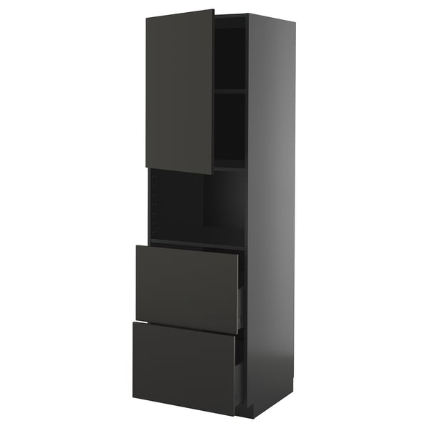 METOD / KNIVSHULT Hi cab f micro w door/2 drawers, black-grey/Nickebo matt anthracite, 60x60x200 cm
