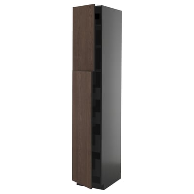 METOD / KNIVSHULT Hi cab w 2 doors/4 drawers, black-grey/Sinarp brown, 40x60x220 cm