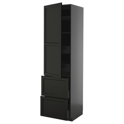 METOD / KNIVSHULT Hi cab w shlvs/4 drawers/dr/2 frnts, black-grey/Lerhyttan black stained, 60x60x220 cm
