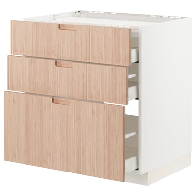 METOD / MAXIMERA Base cab f hob/3 fronts/3 drawers, white/Fröjered light bamboo, 80x60 cm