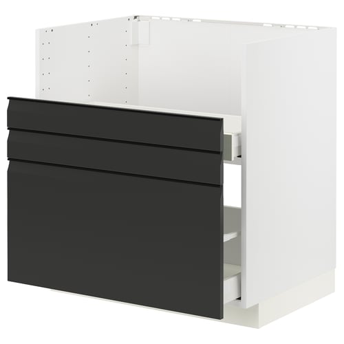 A modern black METOD kitchen cabinet with a smooth drawer.