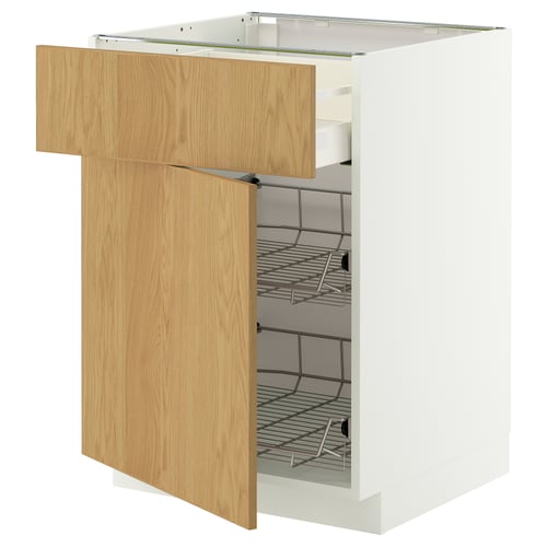 IKEA METOD kitchen with light oak drawer, white cabinet, and metal baskets.