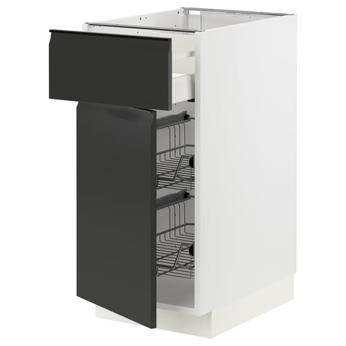 Modern black and white kitchen cabinet with pull-out metal baskets, modern, graphic design.