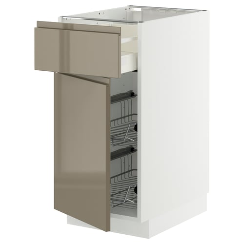 Modern kitchen cabinet, white with sleek dark brown door, pull-out racks, metal handles.