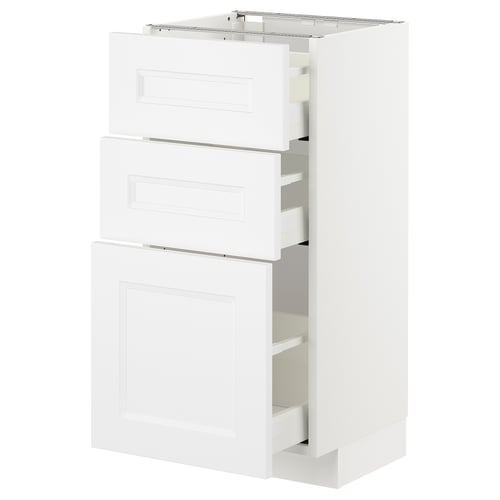 White METOD kitchen cabinet with three drawers and one door.