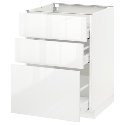 A white METOD kitchen cabinet with three drawers featuring a high-gloss finish and sleek design.