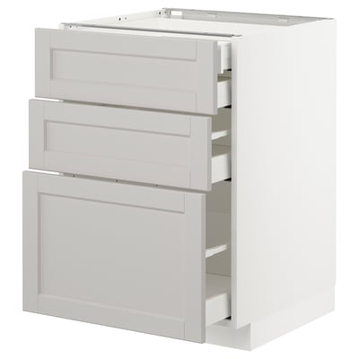 An IKEA METOD kitchen cabinet in light grey with three drawers and two doors, featuring a classic design with bevelled edges and a sturdy frame.
