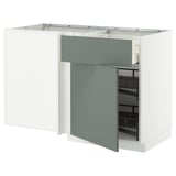 METOD / MAXIMERA Corner base cab w drawer and p-out, white/Nickebo matt grey-green, 128x68 cm