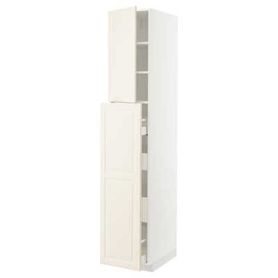 A tall, white ikea METOD kitchen cabinet with two doors, offering storage space. It has a modern, clean design with beveled edges.