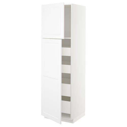 A white METOD kitchen cabinet with two doors open, revealing adjustable shelves. Its sleek and modern with a rectangular shape.