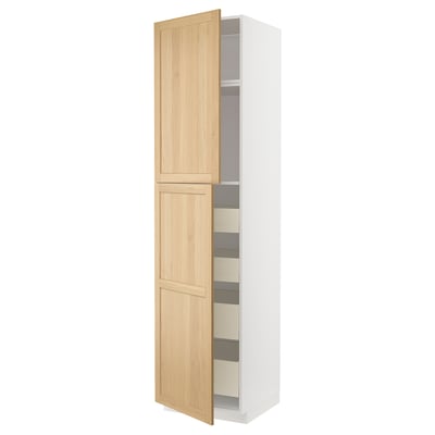 METOD kitchen cabinet. Two-door oak-veneer cabinet with bevelled edges. Tall, white, wall-mounted with integrated shelves and drawers.