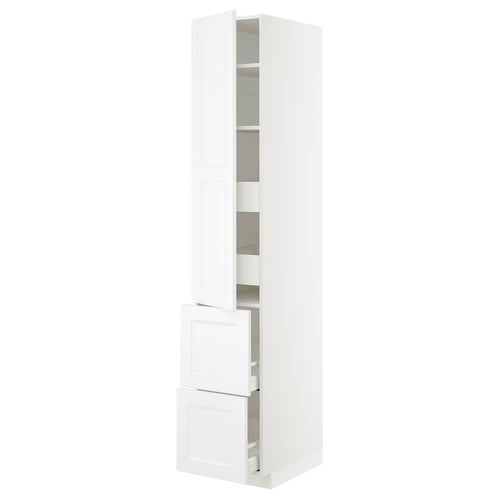 An ikea METOD kitchen cabinet in white. It multiple shelves and drawers for storage.