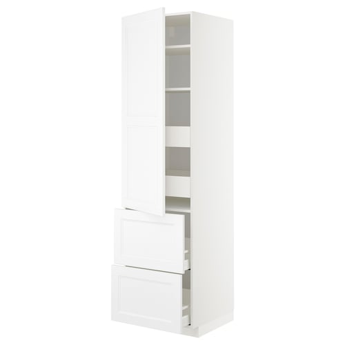 METOD white kitchen cabinet with shelves and drawers.