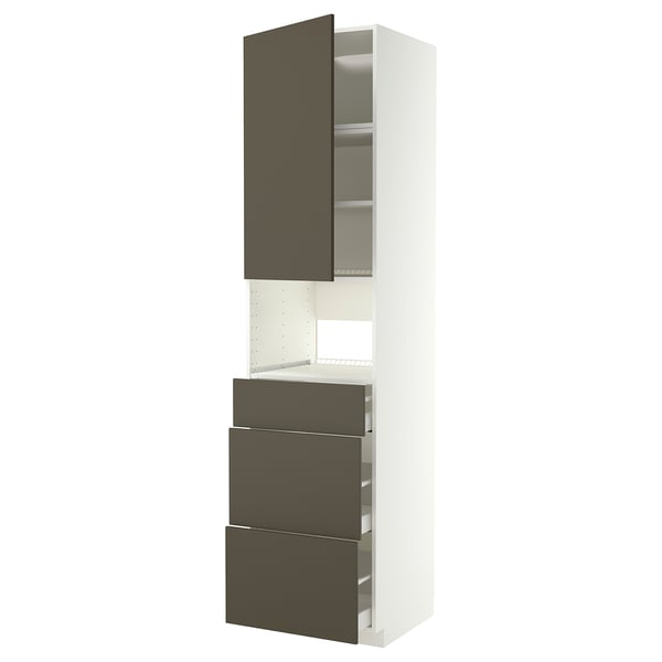 This image shows a modern white and dark grey METOD kitchen cabinet with high storage, three drawers, and a door.