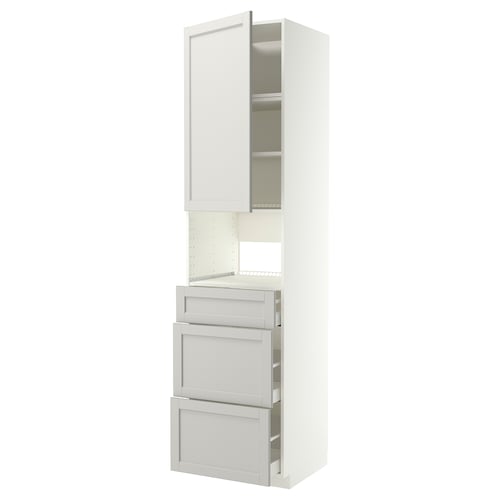 A white METOD kitchen cabinet with light grey lerhyttan drawers and door. It has a modern, minimalist design with a tall and slim shape.