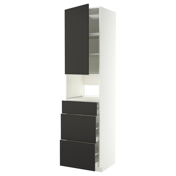 Modern white kitchen unit with black drawers and door. Tall, rectangular shape with sleek, minimalist design.