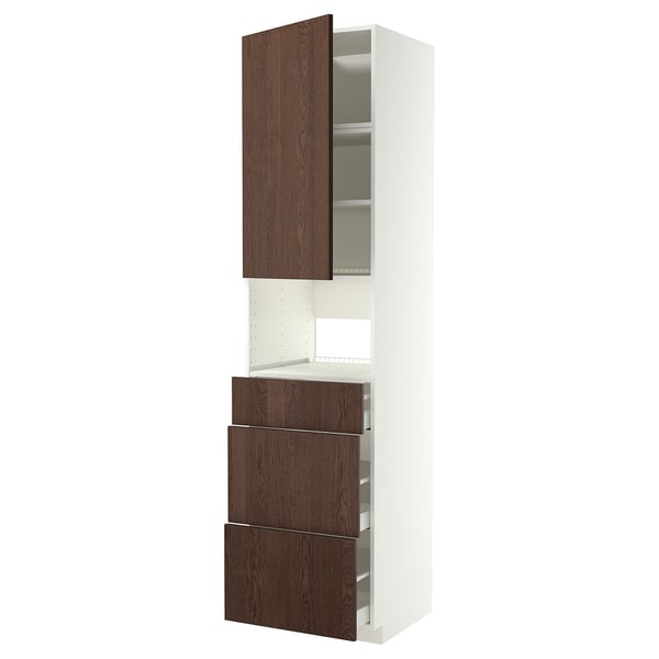 A white METOD kitchen cabinet with dark brown sinarp wooden accents and drawers, featuring a modern design.