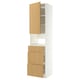 A tall white IKEA METOD kitchen cabinet with oak veneer drawers and door, featuring a sleek, minimalist design.
