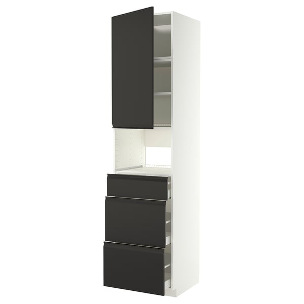 METOD kitchen unit with black drawers and doors: tall cabinet, medium with drawers, adjustable shelves.