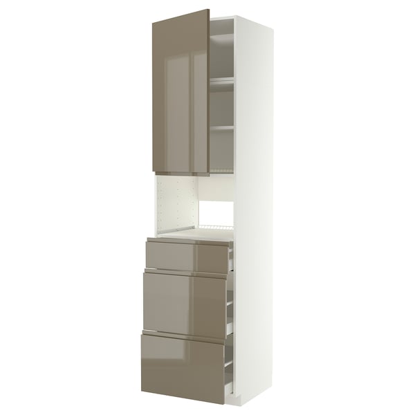 A modern METOD kitchen unit in high gloss dark grey-brown with multiple drawers and shelves.