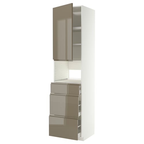 A modern METOD kitchen unit in high gloss dark grey-brown with multiple drawers and shelves.