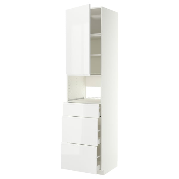 A white, modern kitchen cabinet with a high gloss finish. It multiple drawers and two door fixtures, equipped with snap-on hinges for easy removal.