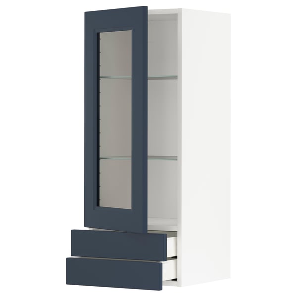 METOD / MAXIMERA Wall cabinet w glass door/2 drawers, white Axstad/matt blue, 40x100 cm