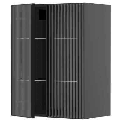 METOD Wall cabinet w shelves/2 glass drs, black-grey/Hejsta anthracite reeded glass, 60x80 cm