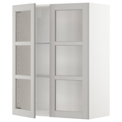 METOD Wall cabinet w shelves/2 glass drs, white/Lerhyttan light grey, 80x100 cm